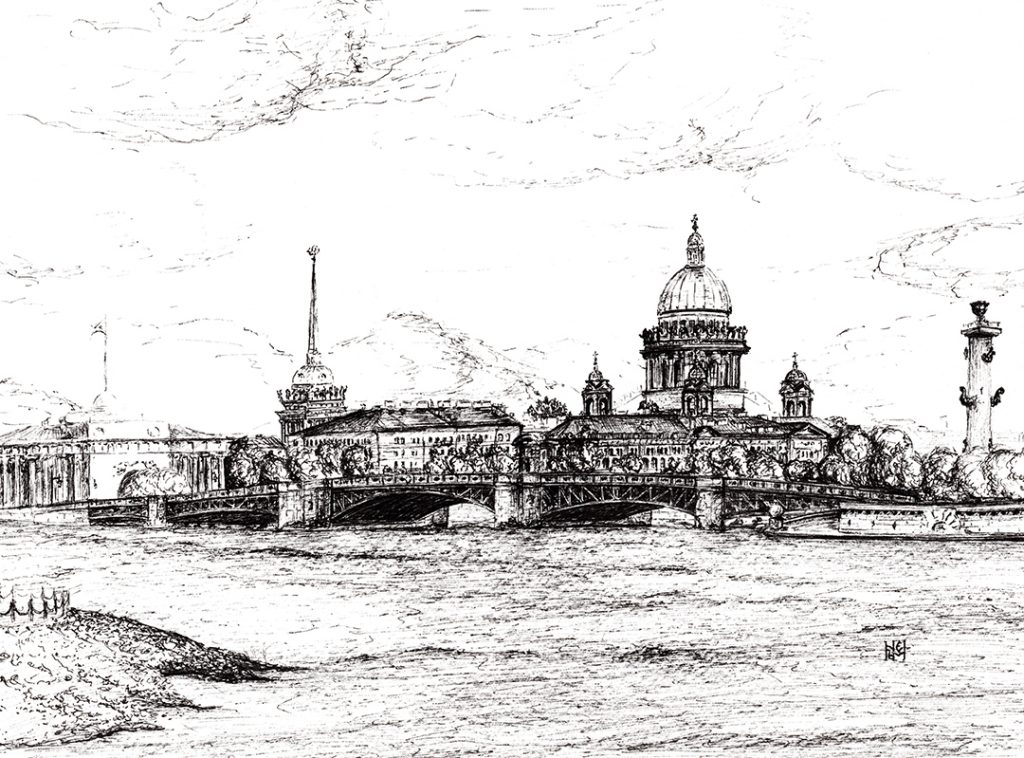 Черно-белая иллюстрация с городским видом